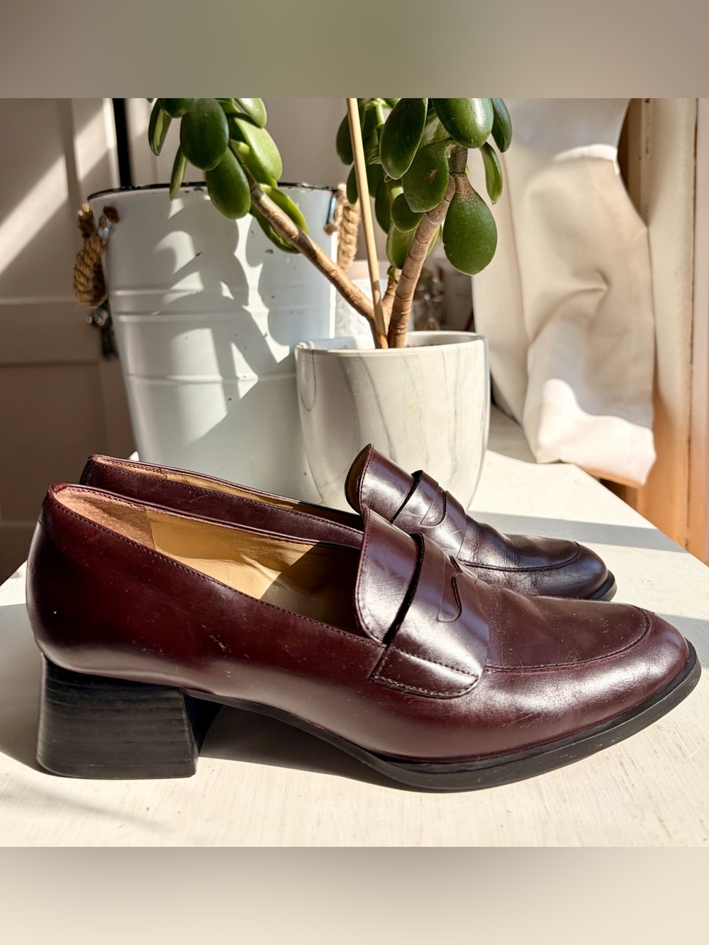 Bass Women's Penny Loafers in Deep Burgundy Leather with Block Heel Size 8